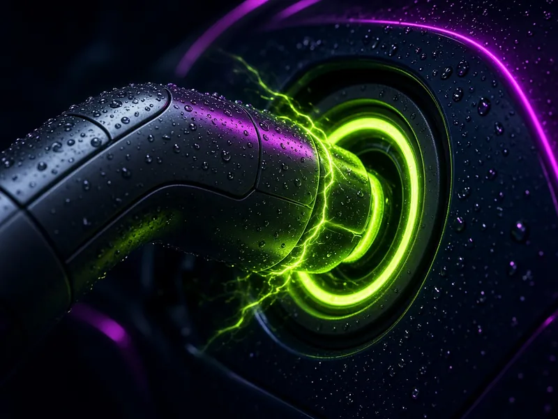 Close-up of a charging connector plugged into a car port, ringed with glowing lime green light