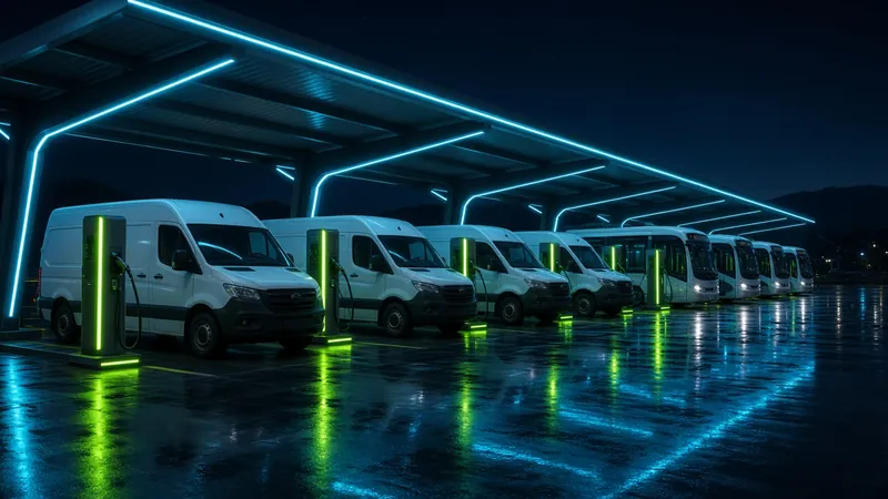 Row of white electric vans and buses plugged into lime green chargers under a lit canopy at night