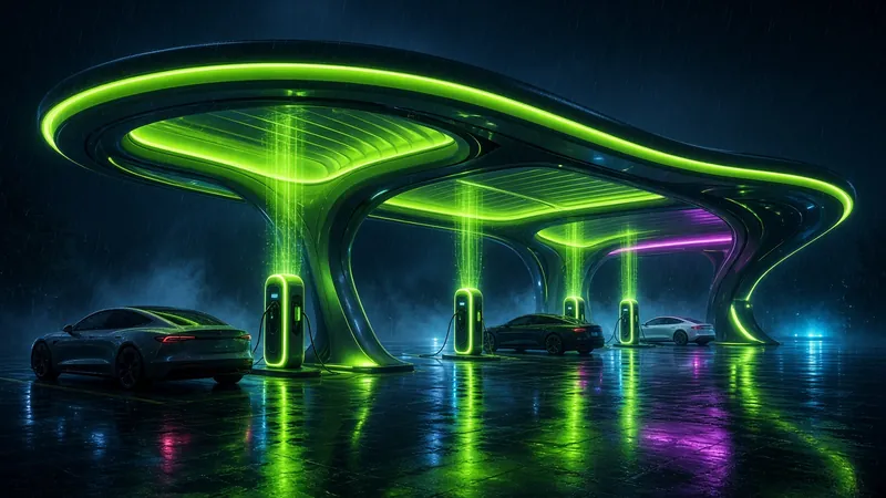Futuristic charging hub at night with a curved canopy glowing lime green and electric cars charging below