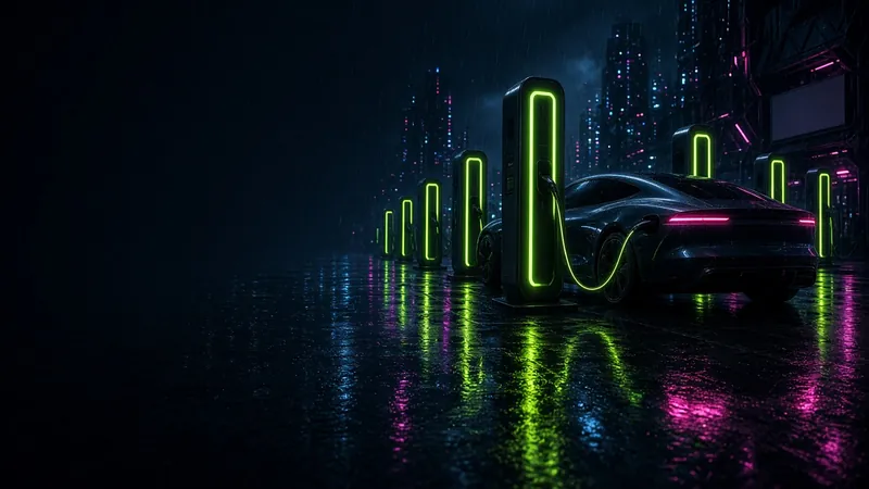 Rainy neon city street at night with a row of EV fast chargers glowing lime green and an electric car plugged in